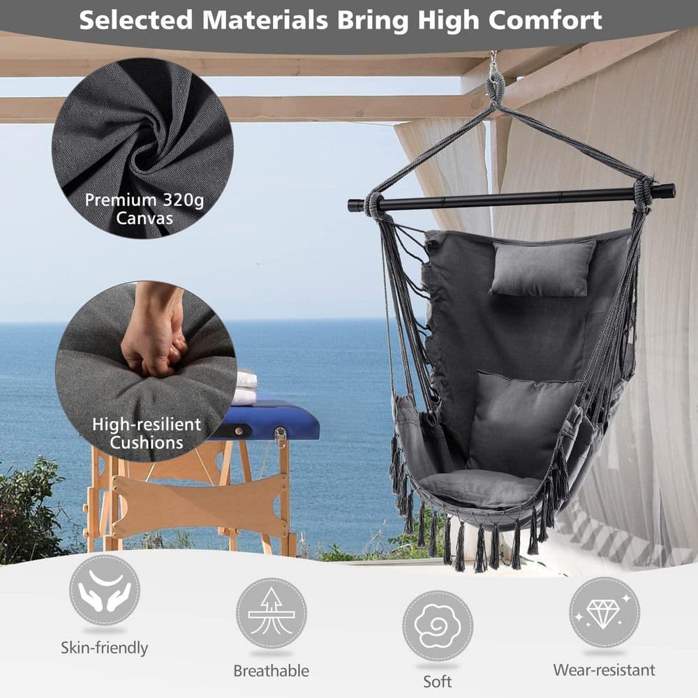 39 in. Tufted Victorian Hammock Chair Swing with Soft Pillow and Cushions in Black