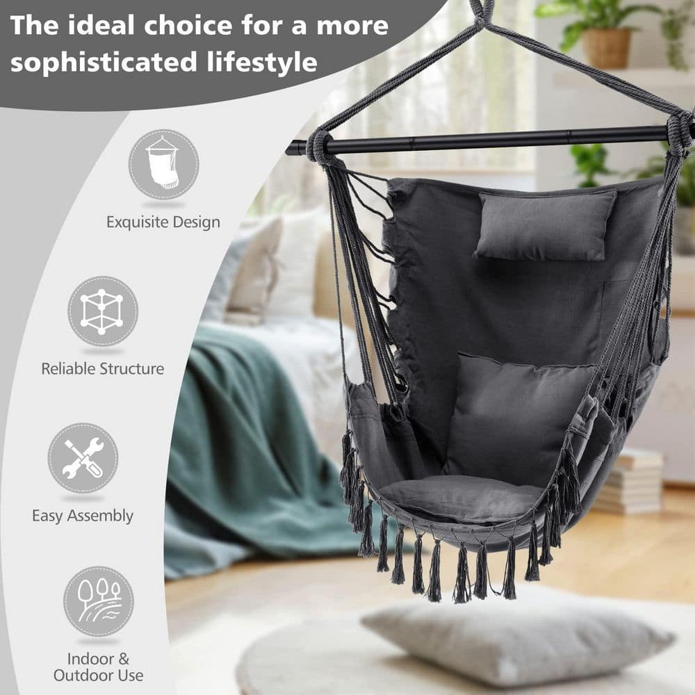 39 in. Tufted Victorian Hammock Chair Swing with Soft Pillow and Cushions in Black