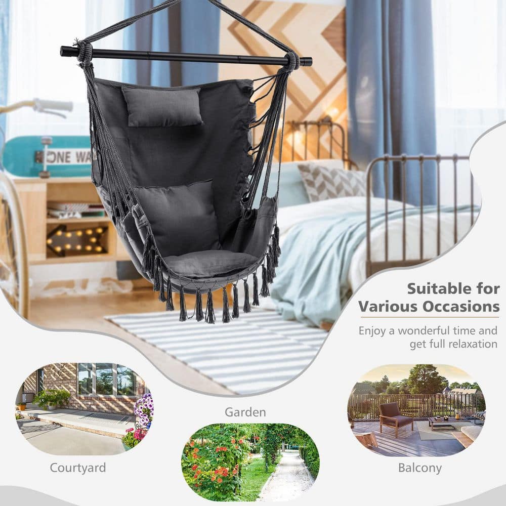 39 in. Tufted Victorian Hammock Chair Swing with Soft Pillow and Cushions in Black