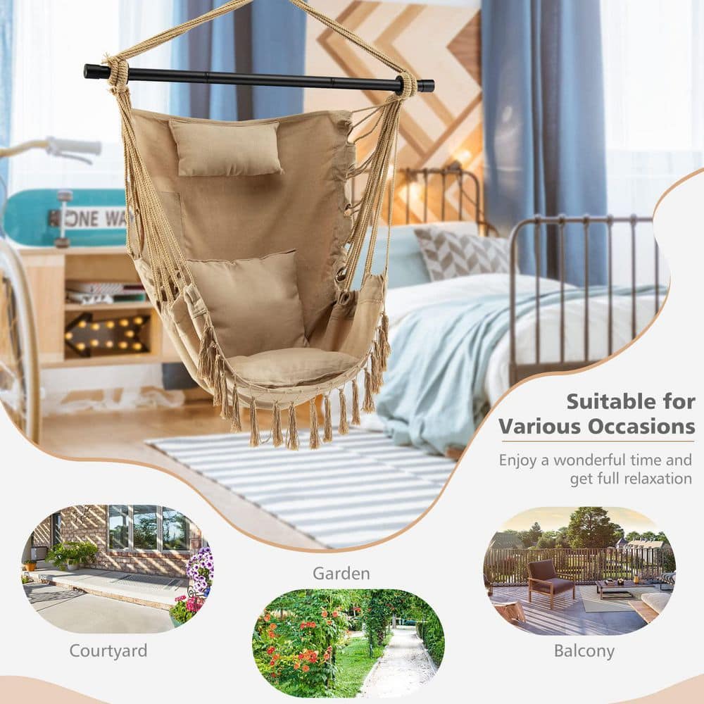 39 in. Tufted Victorian Hammock Chair Swing with Soft Pillow and Cushions in Beige