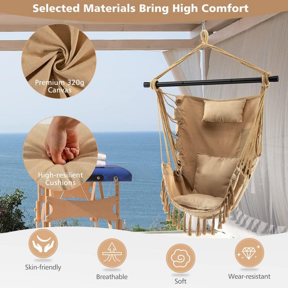 39 in. Tufted Victorian Hammock Chair Swing with Soft Pillow and Cushions in Beige