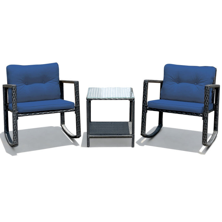 Black 3-Piece Wicker Outdoor Bistro Set with Navy Cushions