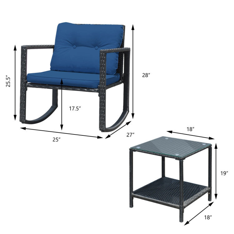Black 3-Piece Wicker Outdoor Bistro Set with Navy Cushions