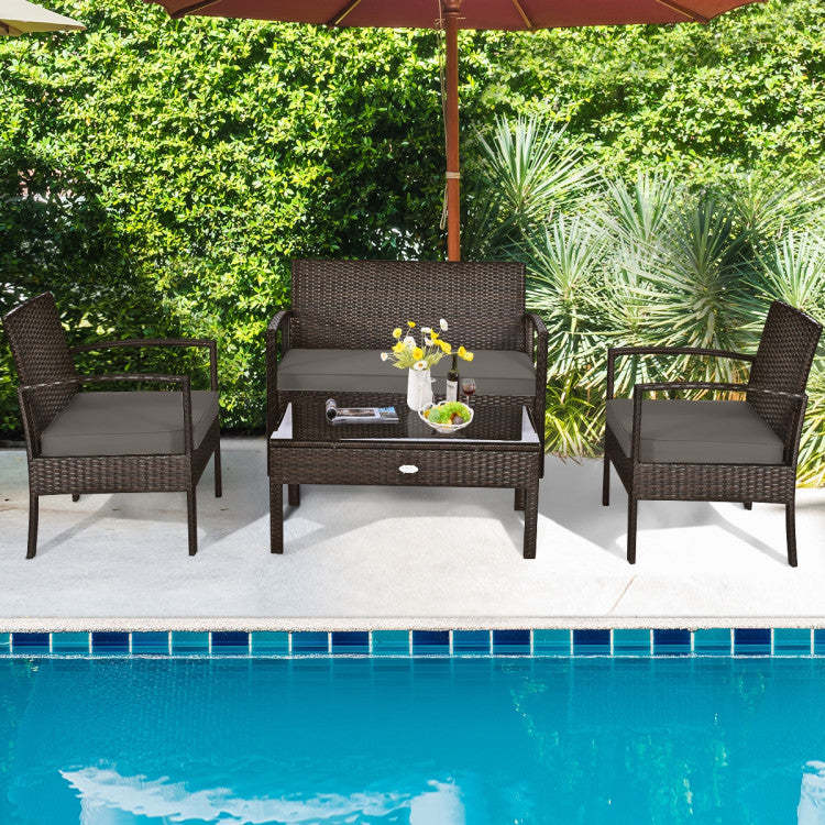 4-Pieces Rattan Wicker Patio Conversation Set with Gray Cushions