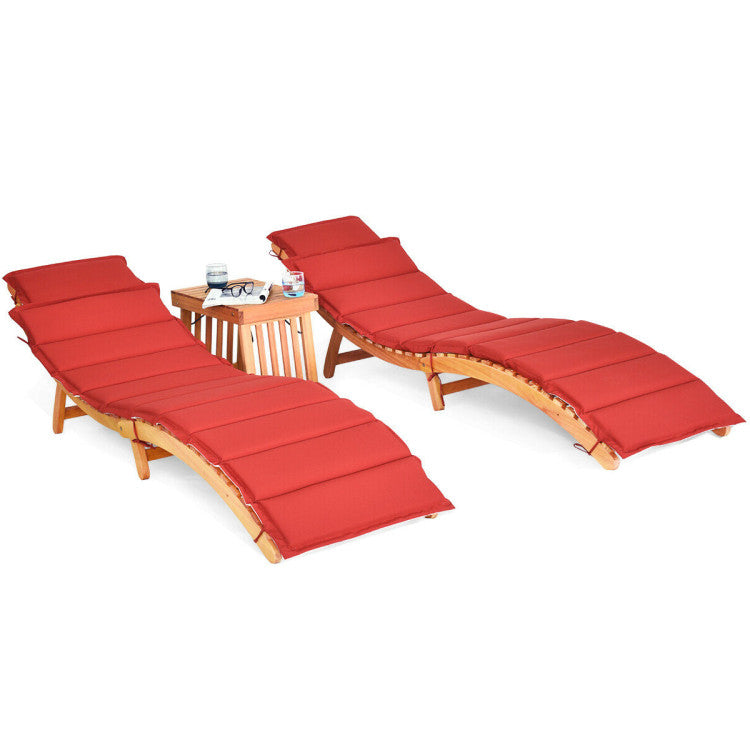 Natural 3-Pieces Wood Folding Outdoor Chaise Lounge Sunlounger Chair with Red/White Cushion