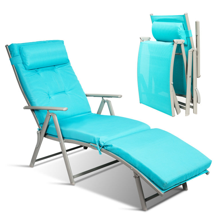 70 in. L Metal Folding Outdoor Chaise Lounge with Blue Cushions