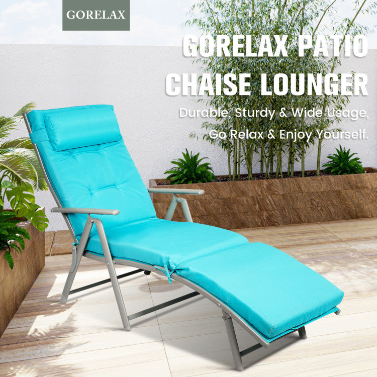 70 in. L Metal Folding Outdoor Chaise Lounge with Blue Cushions