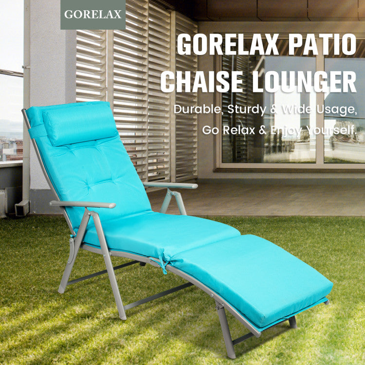 70 in. L Metal Folding Outdoor Chaise Lounge with Blue Cushions