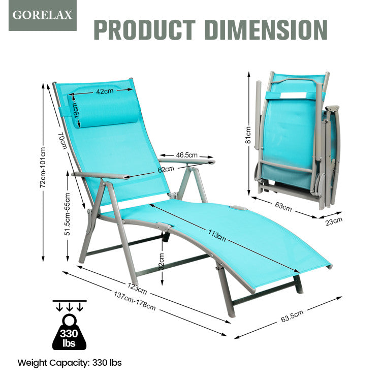 70 in. L Metal Folding Outdoor Chaise Lounge with Blue Cushions