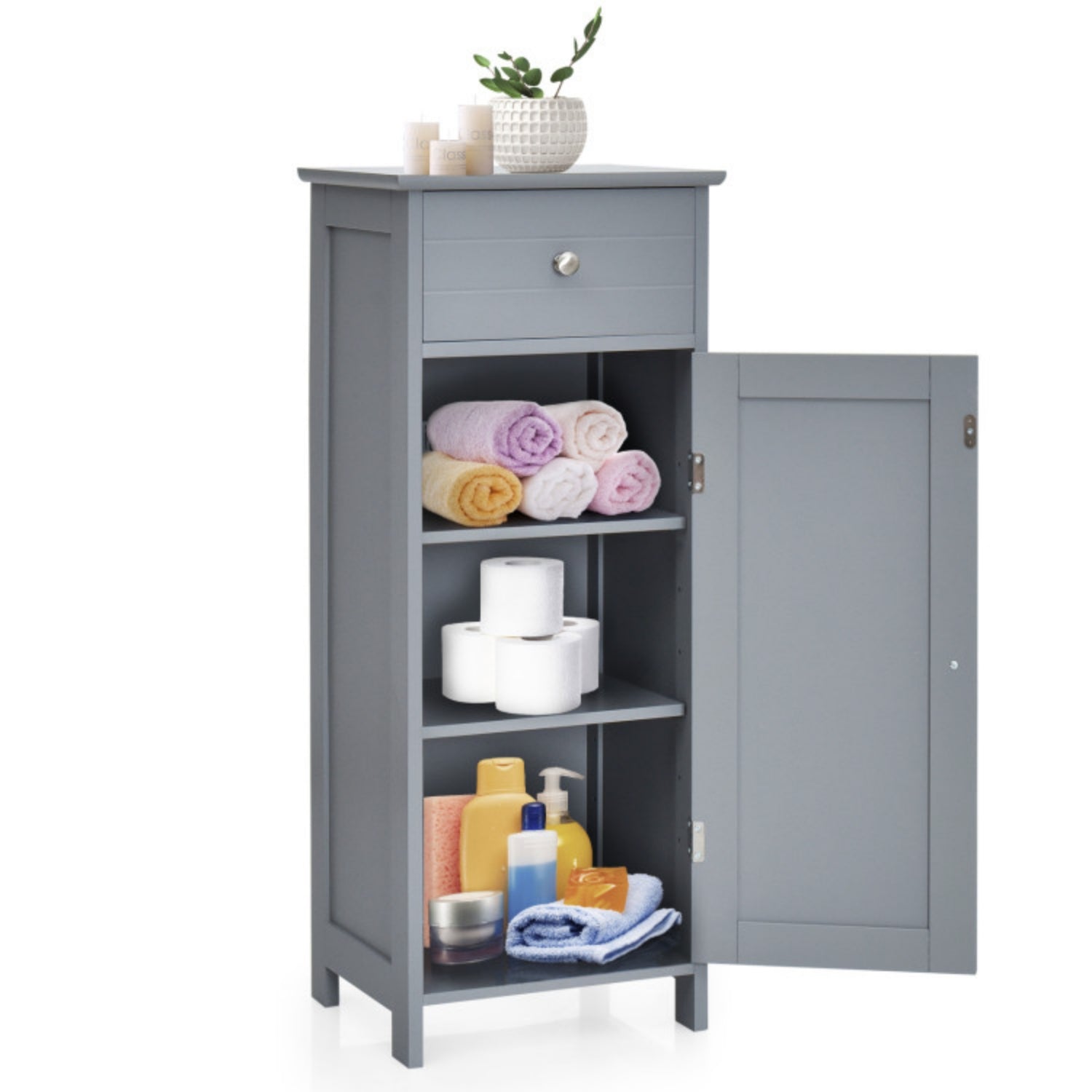 SUGIFT Wooden Storage Free-Standing Floor Cabinet with Drawer and Shelf, Gray