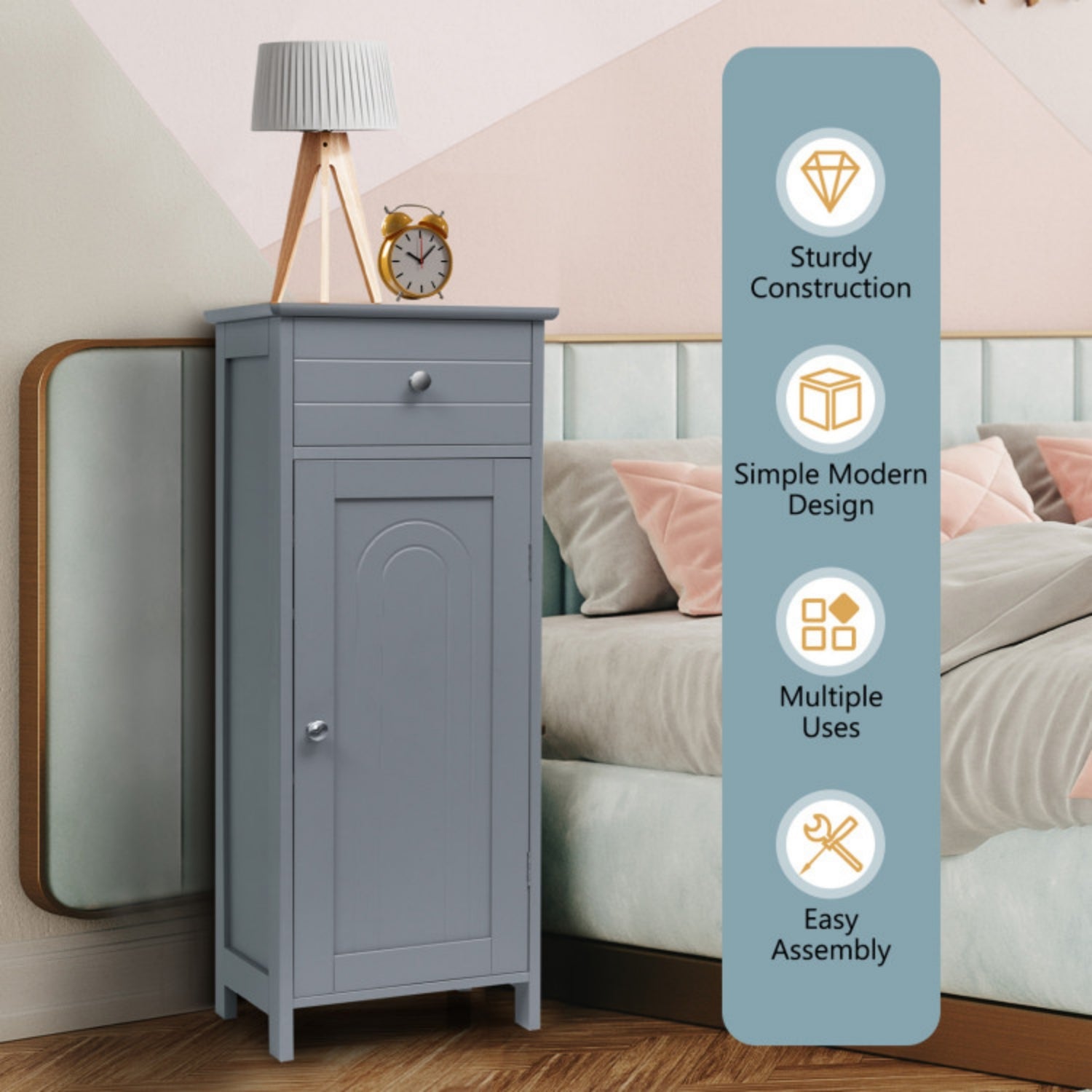 SUGIFT Wooden Storage Free-Standing Floor Cabinet with Drawer and Shelf, Gray