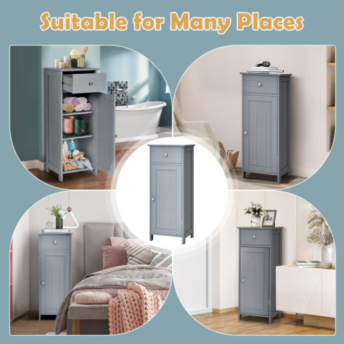 SUGIFT Wooden Storage Free-Standing Floor Cabinet with Drawer and Shelf, Gray