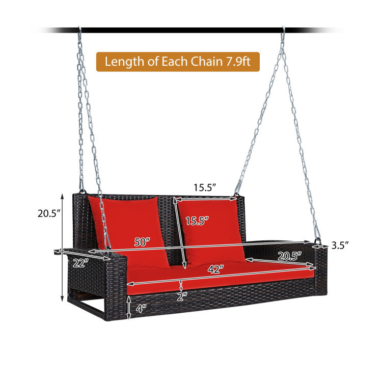2-Person Brown Wicker Patio Porch Swing with Red Cushions