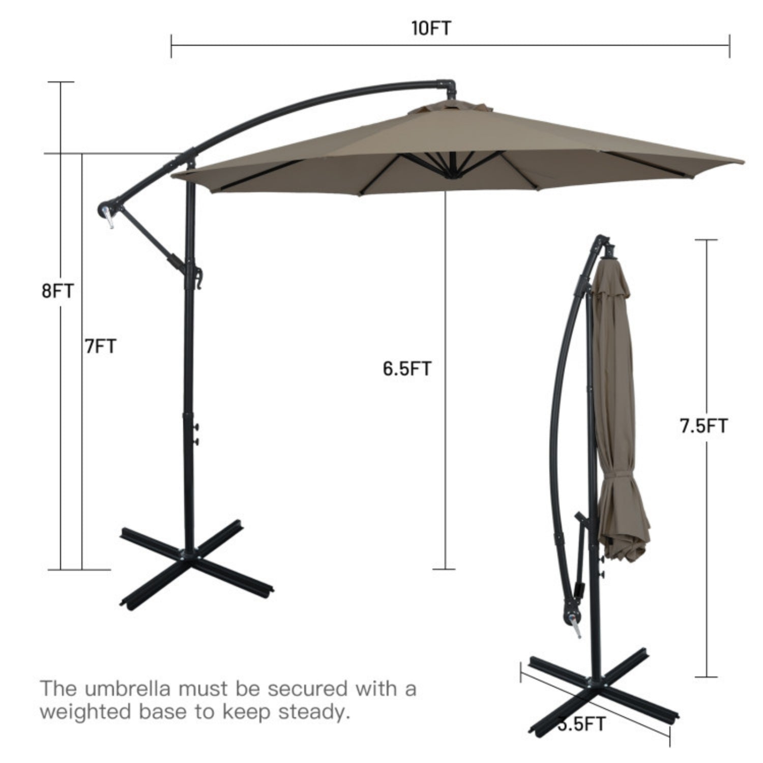 SUGIFT 10 Feet Offset Umbrella with 8 Ribs Cantilever and Cross Base,Brown