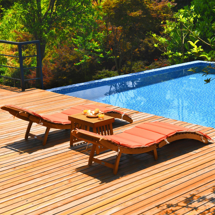 Natural 3-Pieces Wood Folding Outdoor Chaise Lounge Sunlounger Chair with Red/White Cushion