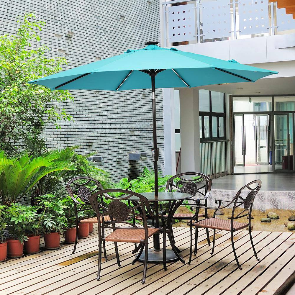 9 ft. Aluminum LED Lights Market Patio Umbrella with Crank and Tilt in Turquoise