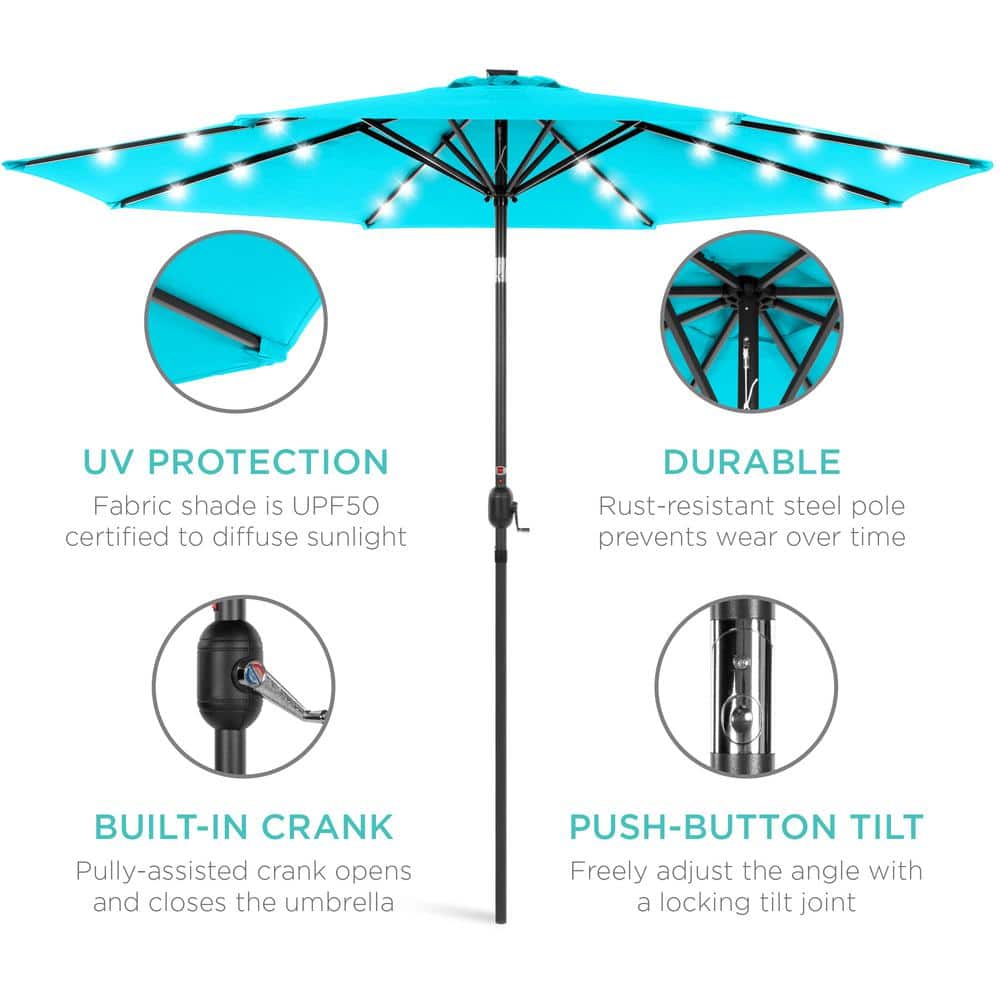 10 ft. Metal Market Solar Tilt Patio Umbrella in Turquoise with LED Lights