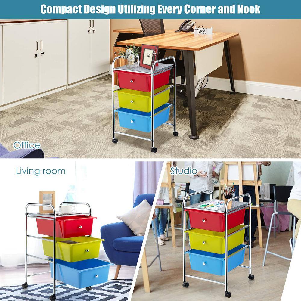 3-Tier Multi-Color Rolling Kitchen Cart Steel Storage Cart with Plastic Drawers