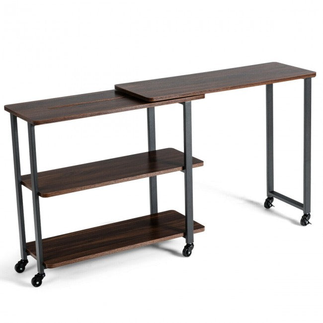 SUGIFT 360¡ã Rotating Sofa Side Table with Storage Shelves and Wheels,Walnut