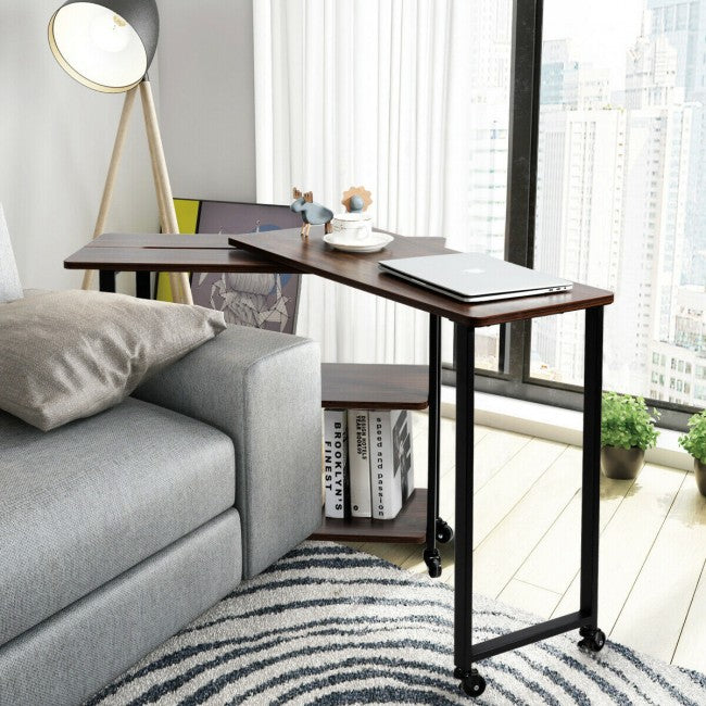 SUGIFT 360¡ã Rotating Sofa Side Table with Storage Shelves and Wheels,Walnut