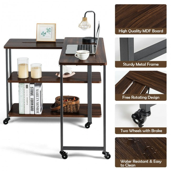 SUGIFT 360¡ã Rotating Sofa Side Table with Storage Shelves and Wheels,Walnut