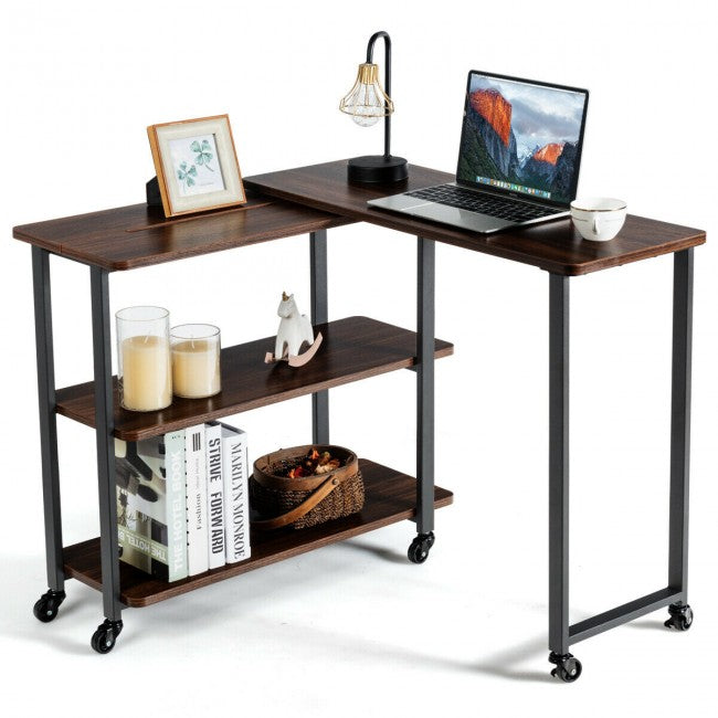 SUGIFT 360¡ã Rotating Sofa Side Table with Storage Shelves and Wheels,Walnut