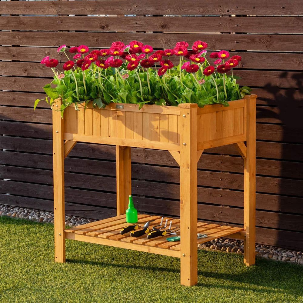 35.5 in. x 24 in. x 36 in. Wood Raised Garden Bed with Liner and Shelf
