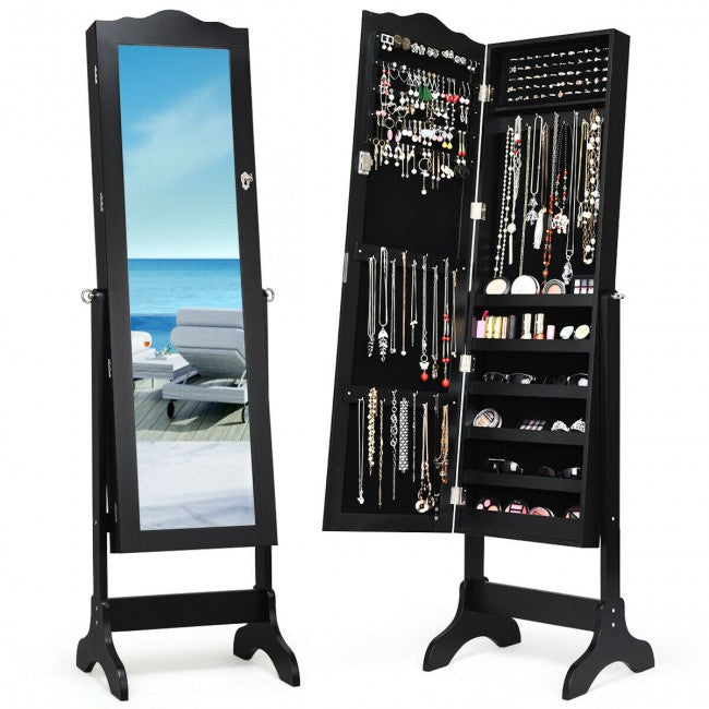 SUGIFT Mirrored Lockable Jewelry Cabinet Armoire Organizer Storage Box,Black