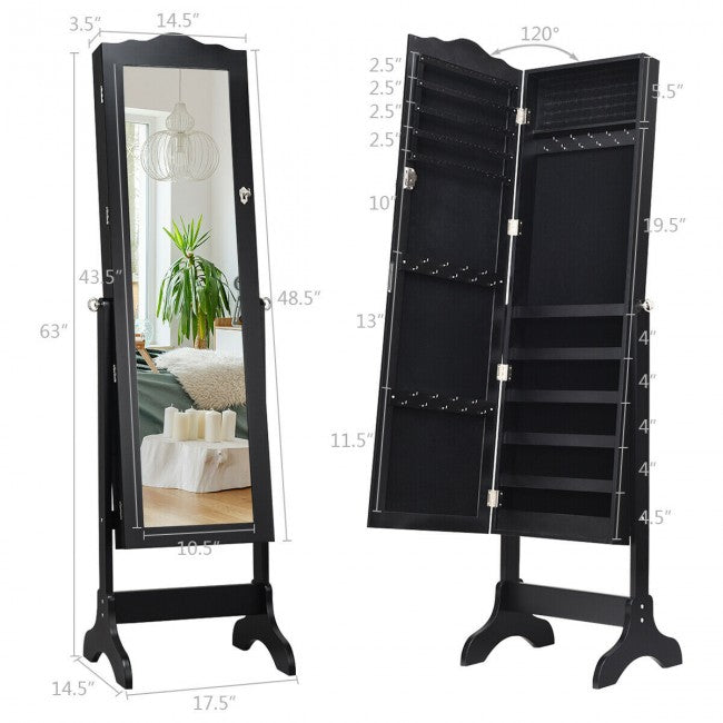 SUGIFT Mirrored Lockable Jewelry Cabinet Armoire Organizer Storage Box,Black