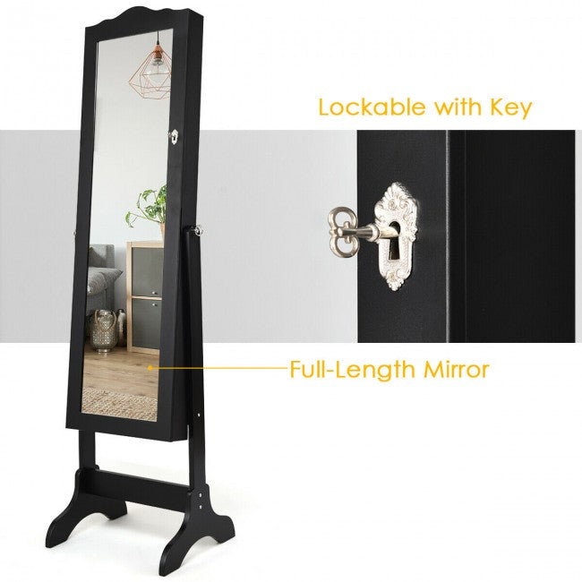 SUGIFT Mirrored Lockable Jewelry Cabinet Armoire Organizer Storage Box,Black