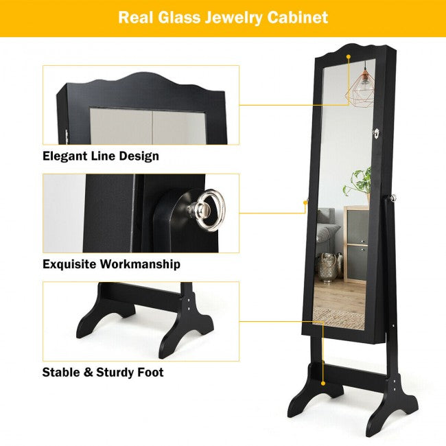 SUGIFT Mirrored Lockable Jewelry Cabinet Armoire Organizer Storage Box,Black