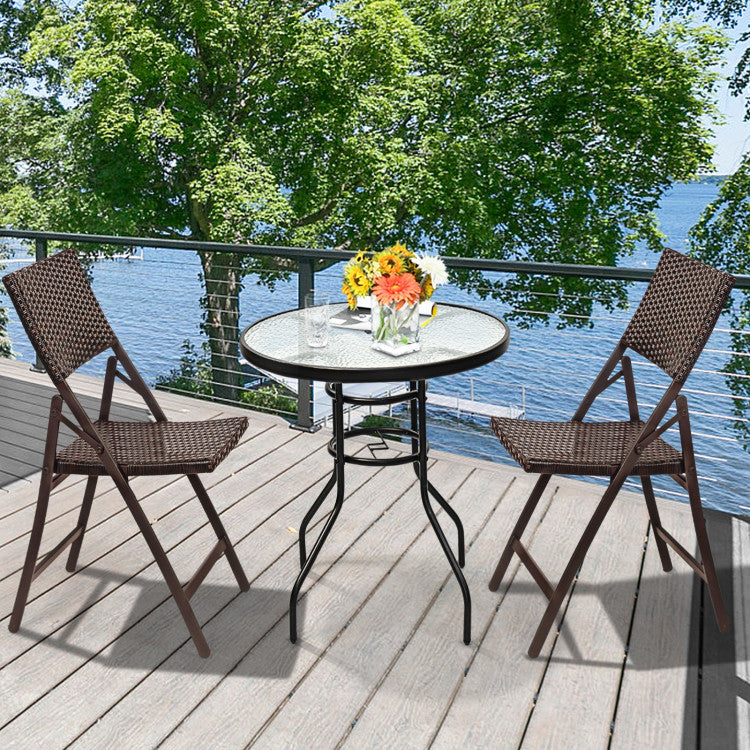 Brown Steel Folding Rattan Outdoor Dining Chair (Set of 2-Pieces)