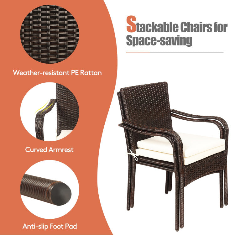 Brown 3-Piece Wicker Outdoor Bistro Set with Side Table and Beige Cushions