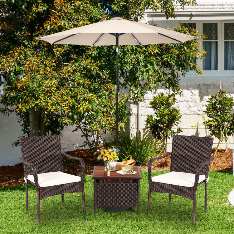 Brown 3-Piece Wicker Outdoor Bistro Set with Side Table and Beige Cushions
