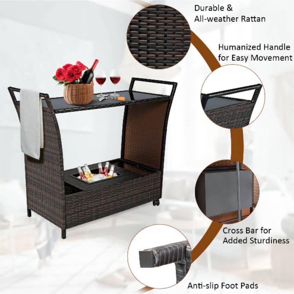 Brown Wicker Outdoor Rolling Bar Serving Cart with Ice Bucket, Glass Countertop, Storage