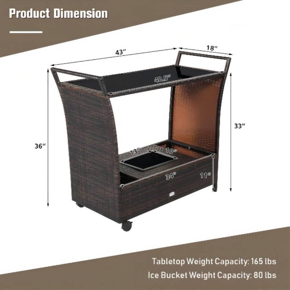 Brown Wicker Outdoor Rolling Bar Serving Cart with Ice Bucket, Glass Countertop, Storage