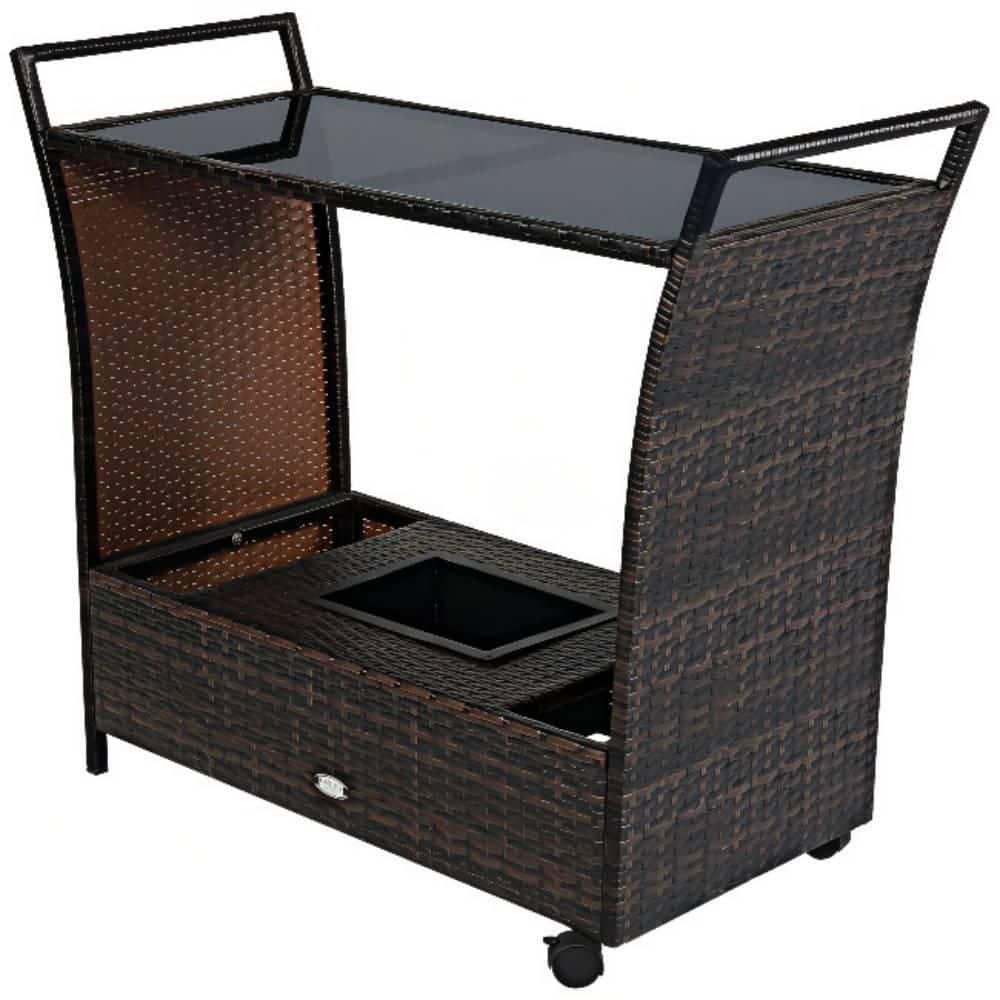 Brown Wicker Outdoor Rolling Bar Serving Cart with Ice Bucket, Glass Countertop, Storage