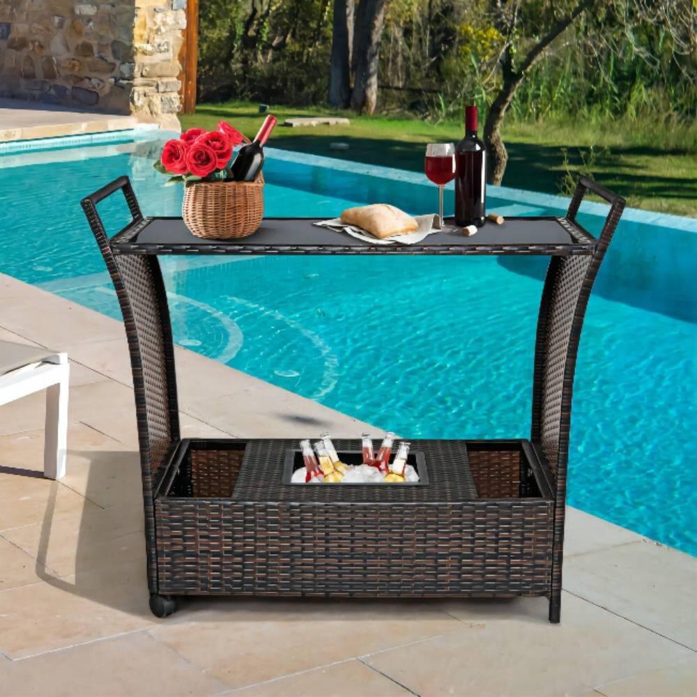 Brown Wicker Outdoor Rolling Bar Serving Cart with Ice Bucket, Glass Countertop, Storage