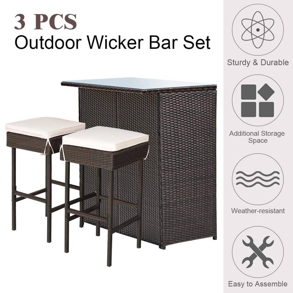 Brown 3-Piece Wicker Outdoor Serving Bar Set with Beige Cushions