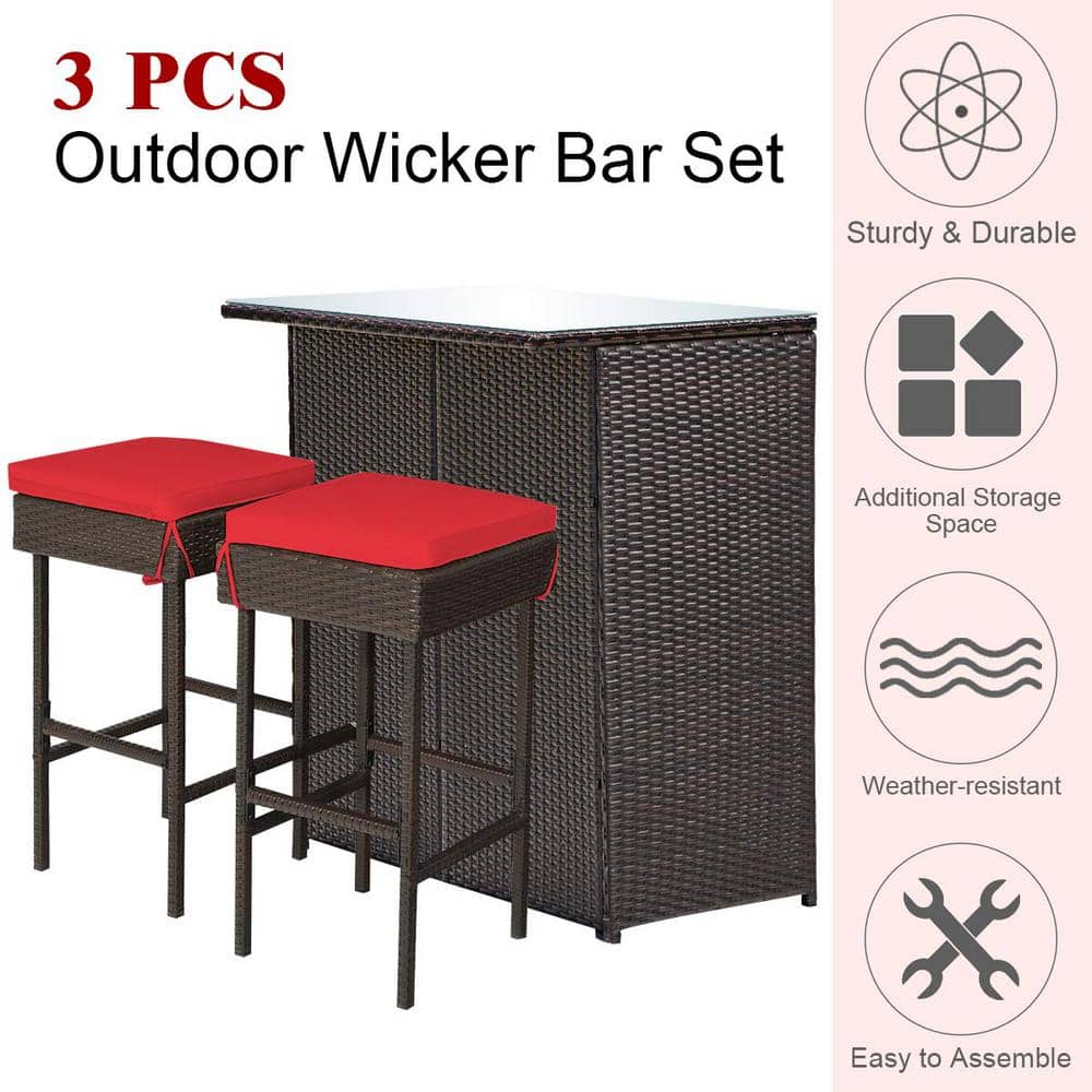 Brown 3-Piece Wicker Outdoor Serving Bar Set with Red Cushions