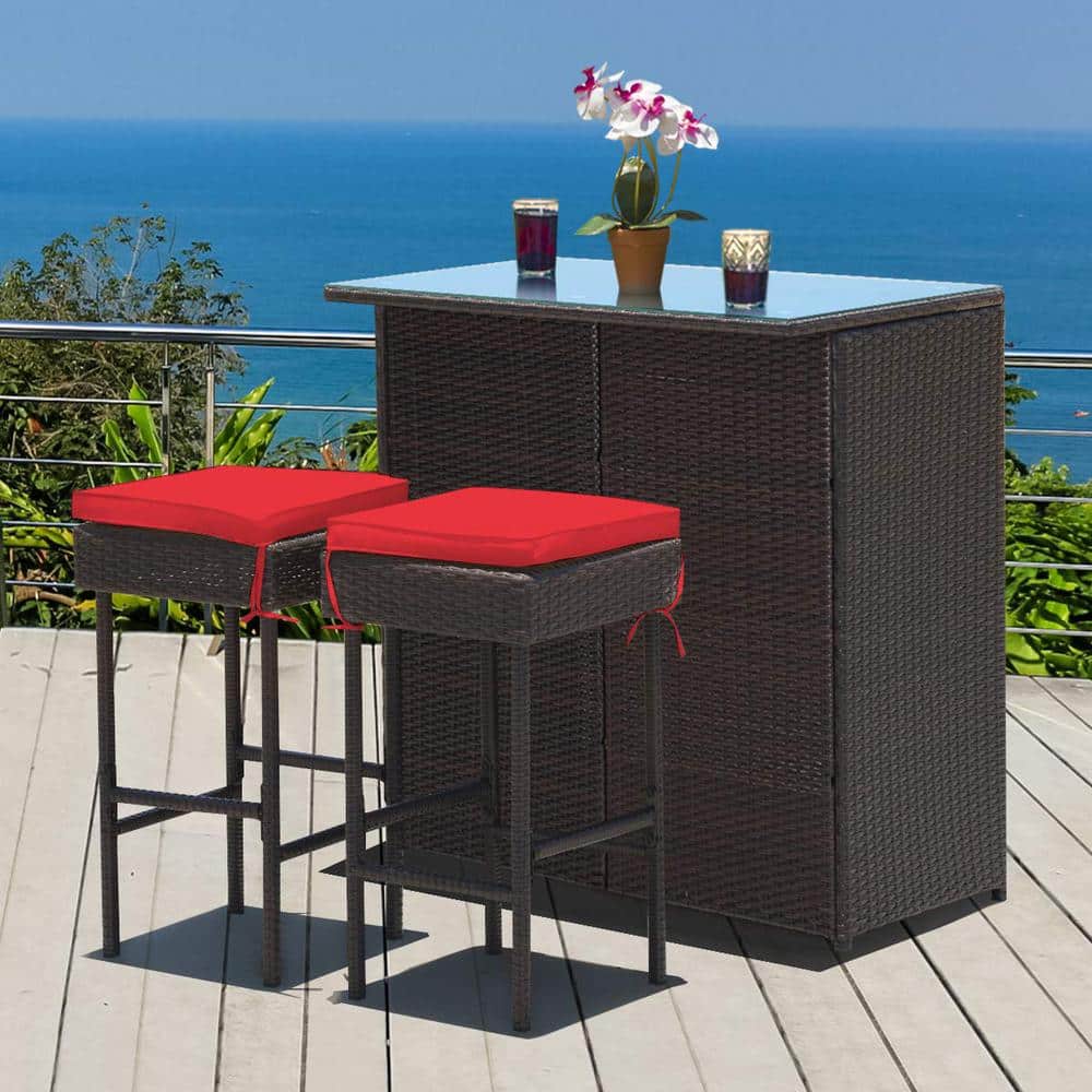 Brown 3-Piece Wicker Outdoor Serving Bar Set with Red Cushions