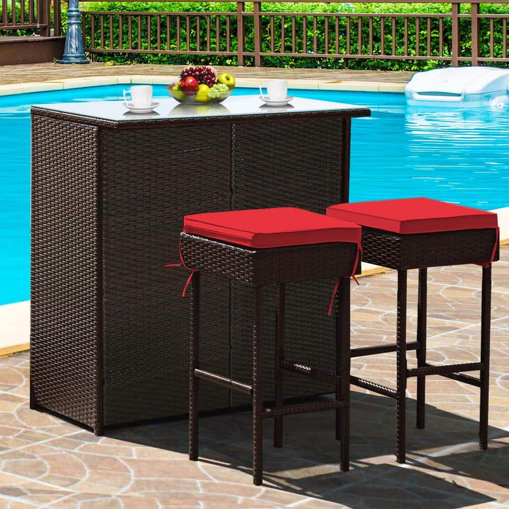 Brown 3-Piece Wicker Outdoor Serving Bar Set with Red Cushions