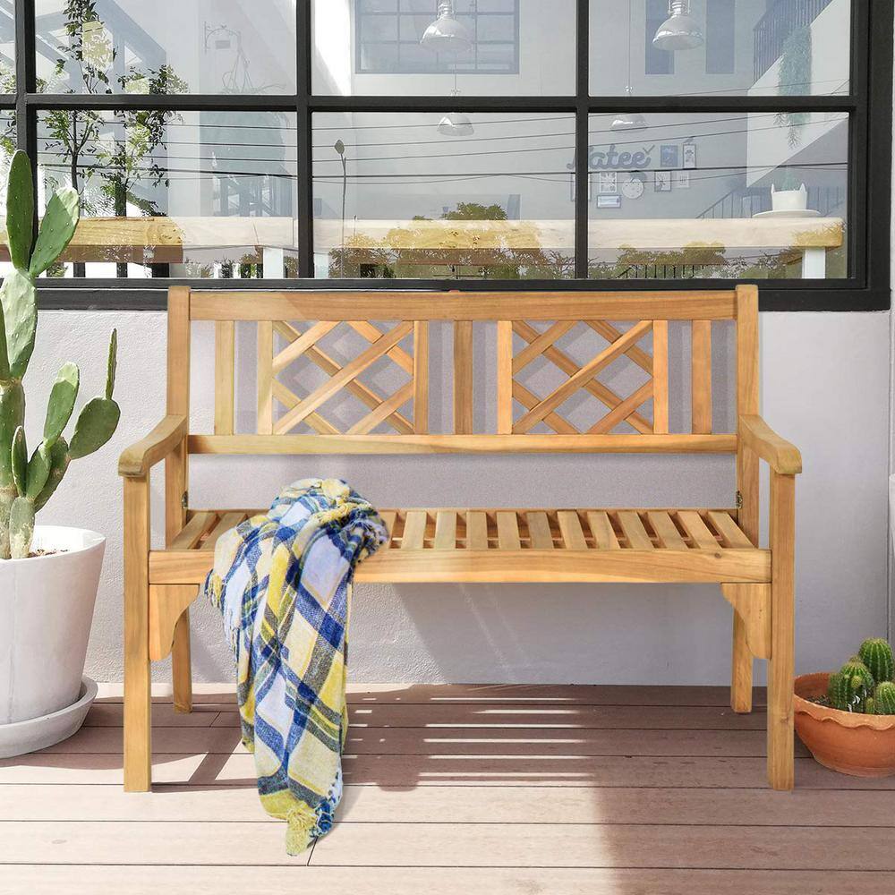 3-Person Acacia Wood Outdoor Bench Folding Armrest
