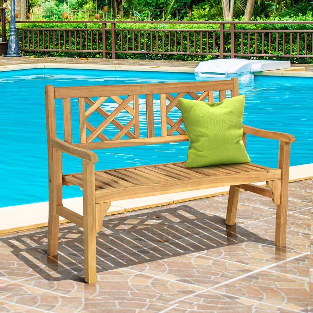 3-Person Acacia Wood Outdoor Bench Folding Armrest
