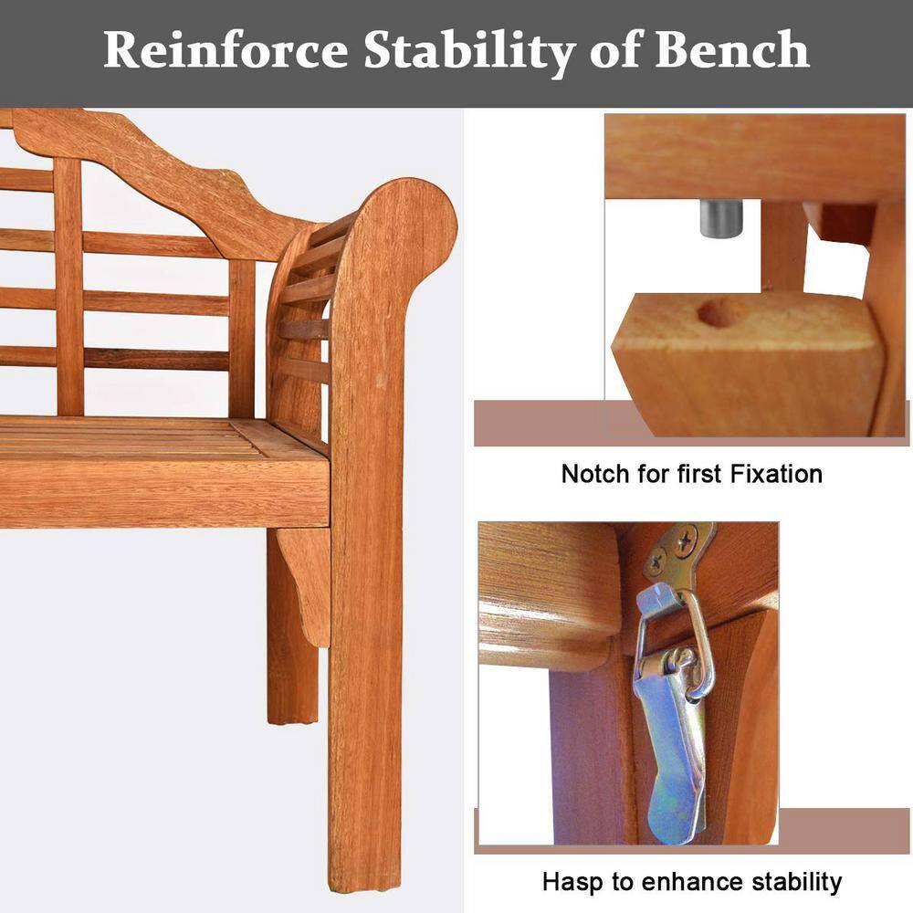 49 in. 2-Person Eucalyptus Wood Outdoor Folding Bench with Backrest and Armrest