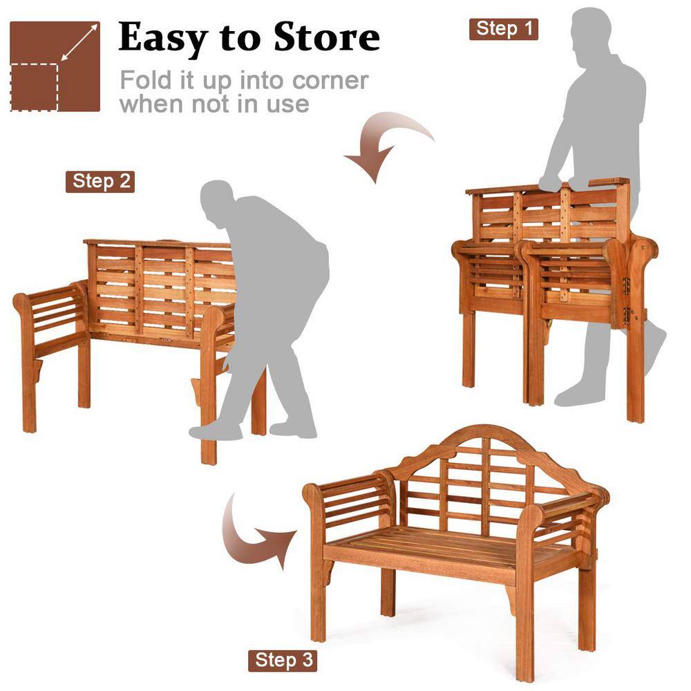 49 in. 2-Person Eucalyptus Wood Outdoor Folding Bench with Backrest and Armrest
