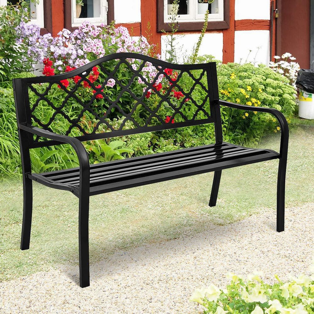 Black Metal 2-Person Outdoor Patio Bench