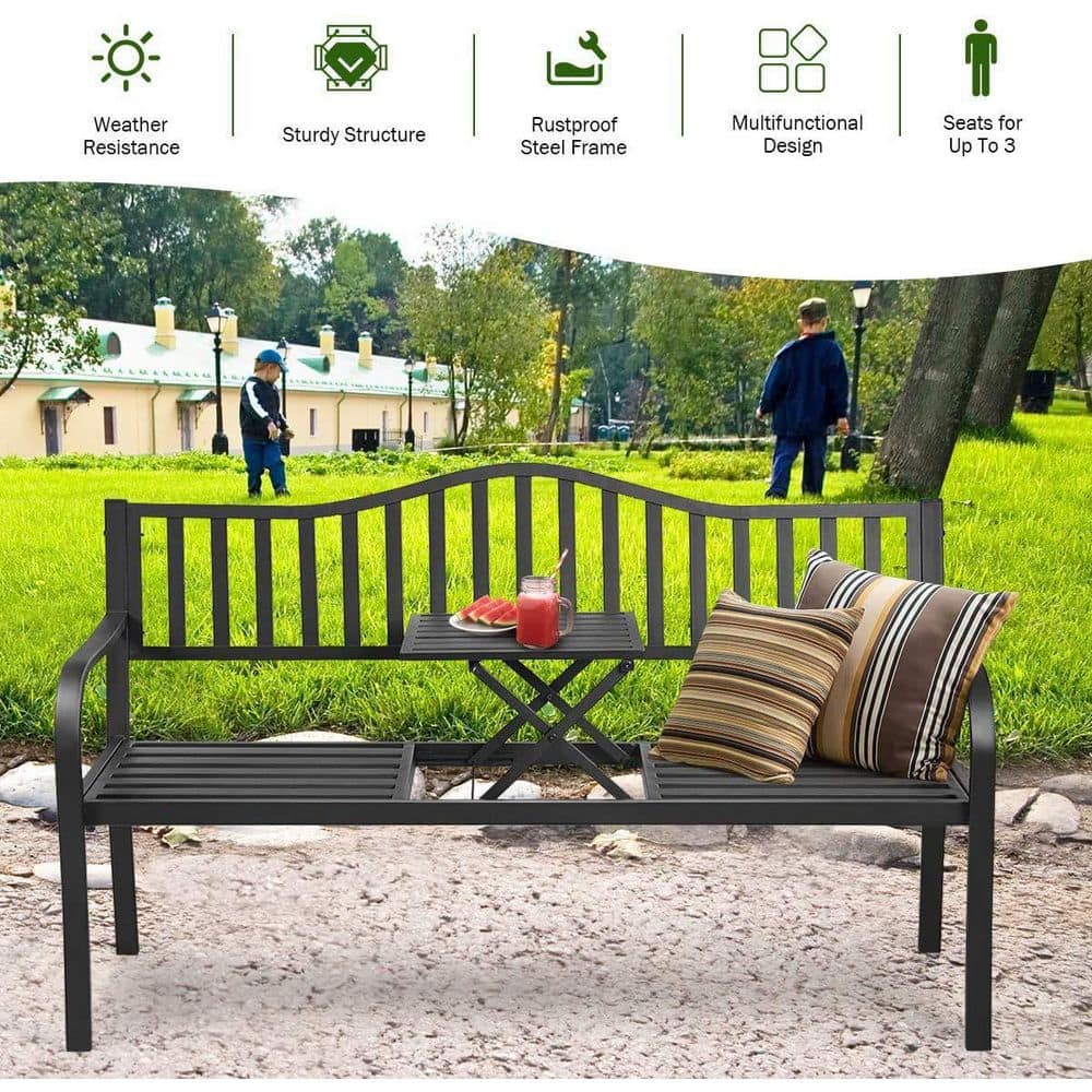 59.5 in. Black Metal Outdoor Bench with Adjustable Center Table