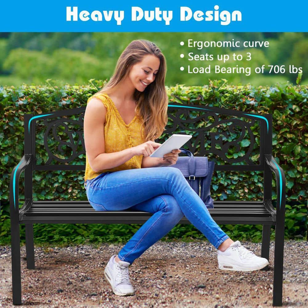 Black Metal Outdoor Patio Bench with Cast Iron Welcome Backrest