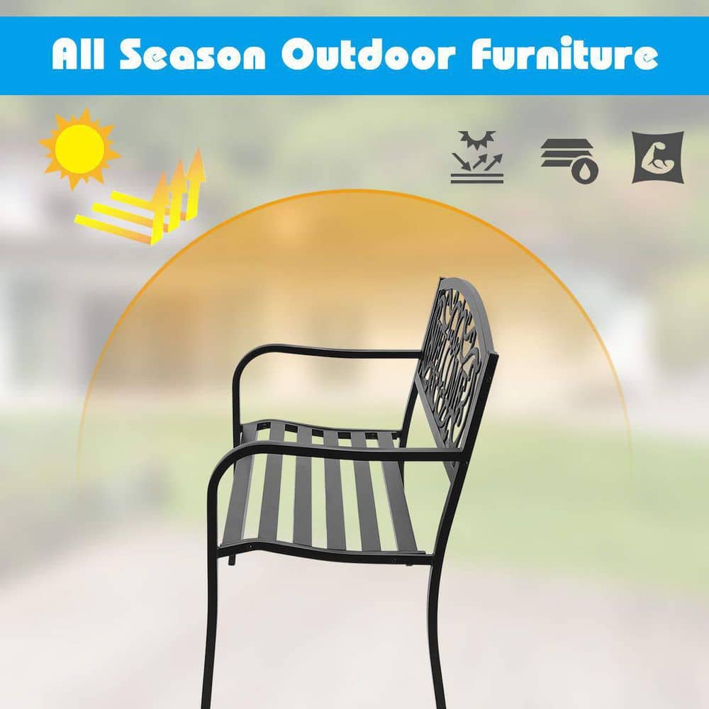 Black Metal Outdoor Patio Bench with Cast Iron Welcome Backrest